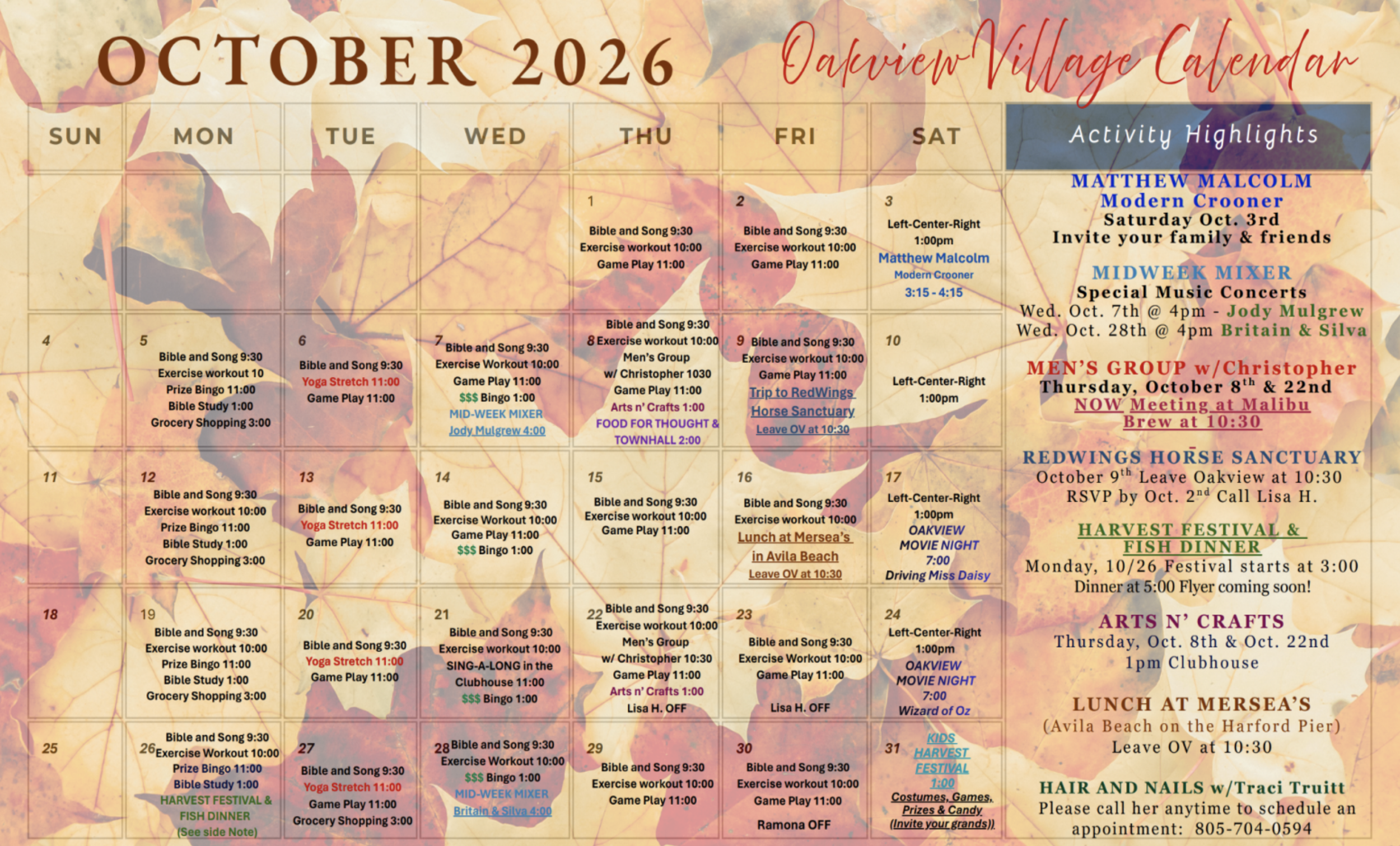 Activity Calendar: October 2026 