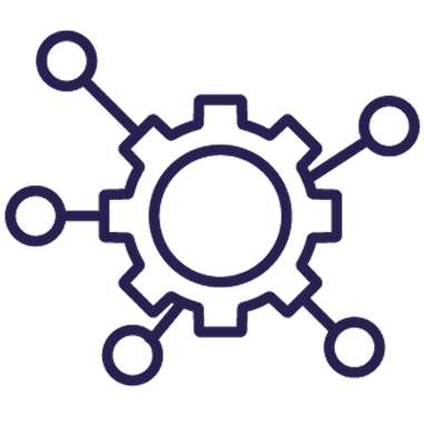 A gear symbol surrounded by several connected circles, representing a network or technological connection.
