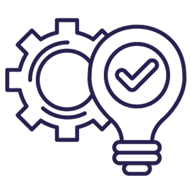Icon depicting two gears and a light bulb with a checkmark, symbolizing innovation or idea management.