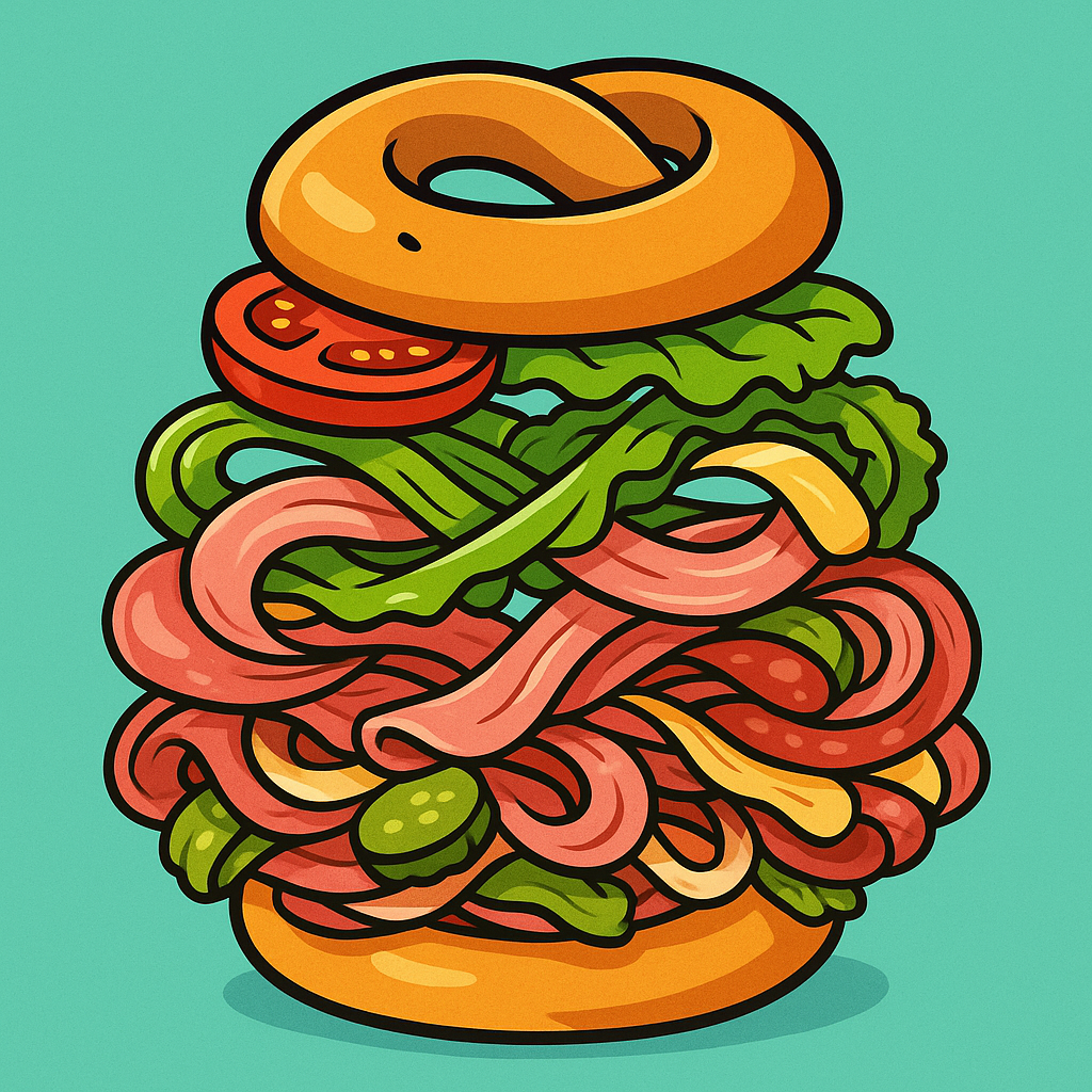 Colorful cartoon of sandwich made out of loops of ingredients including a mobius strip bagel bun