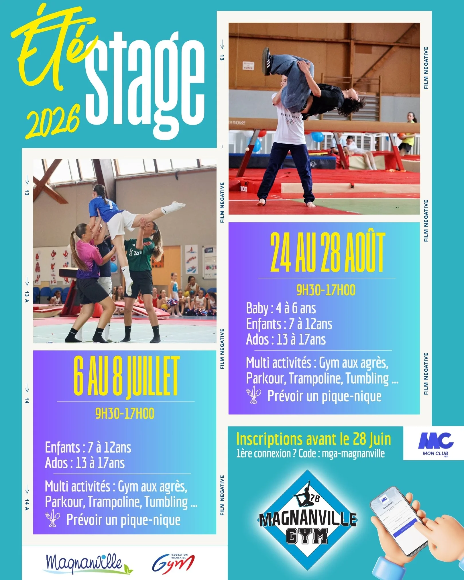 Affiche promotionnelle pour des stages d'arts martiaux et activités sportives pour enfants, adolescents, du 24 au 28 août, à Magnaville Gym, avec photos d'enfants s'entraînant en gymnastique et arts martiaux.