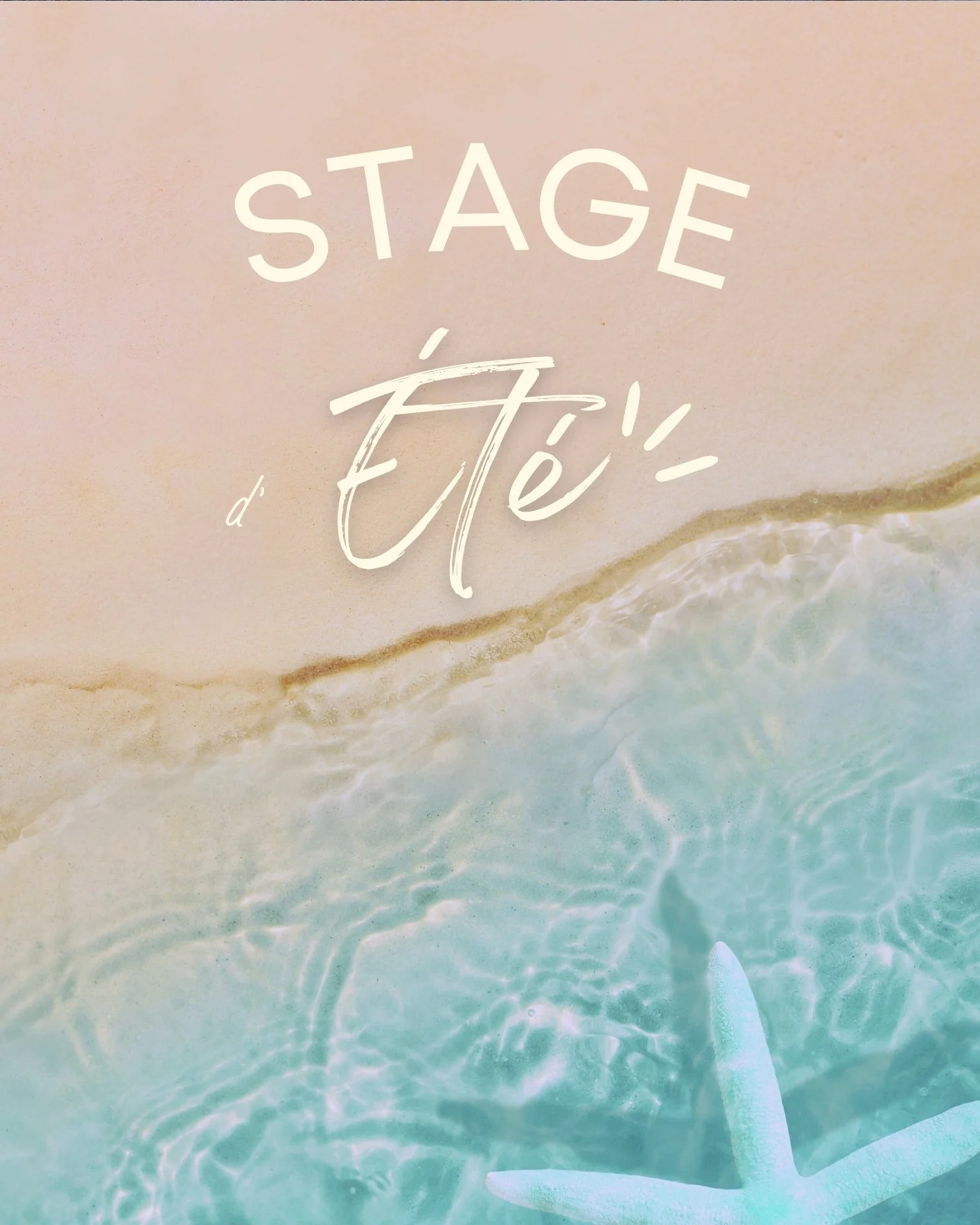 Invitation à un stage d'été avec une plage, de l'eau turquoise, un étoile de mer et du sable