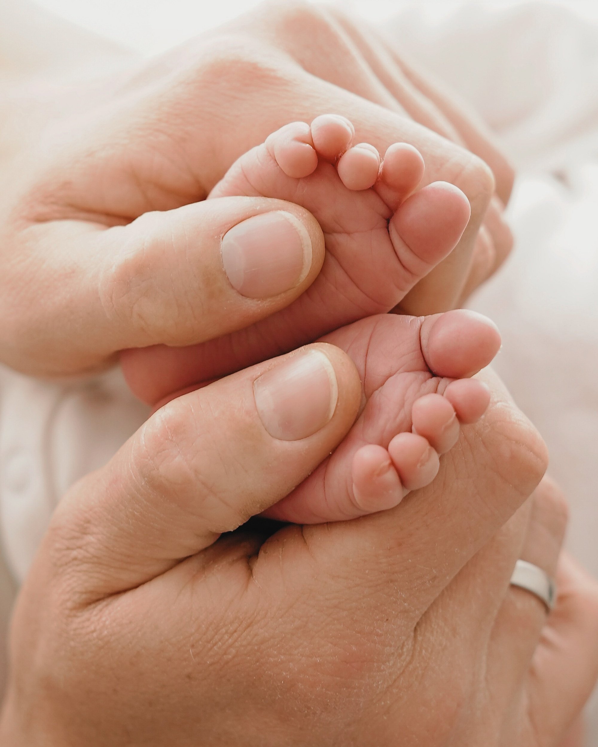Nahaufnahme von einer erwachsenen Hand, die ein Babyhand hält.