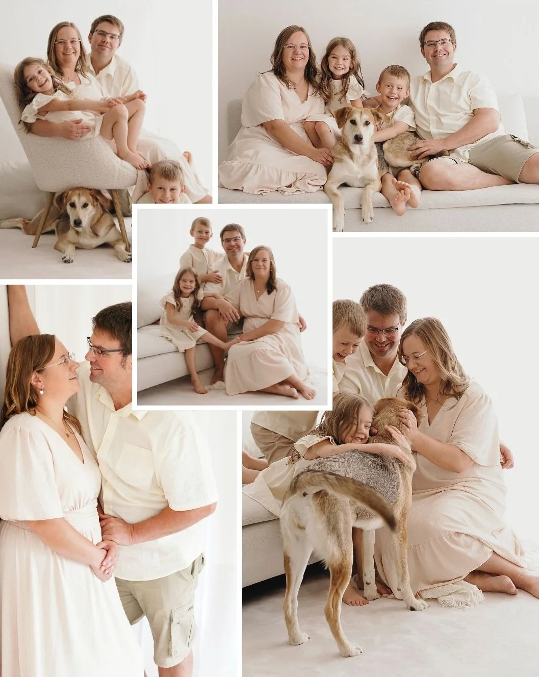 Familie in weißer Kleidung, Fotos in einem hellen Wohnzimmer mit weißen Wänden, inklusive Hund und Katze, zeigt glückliche Momente und Zuneigung.