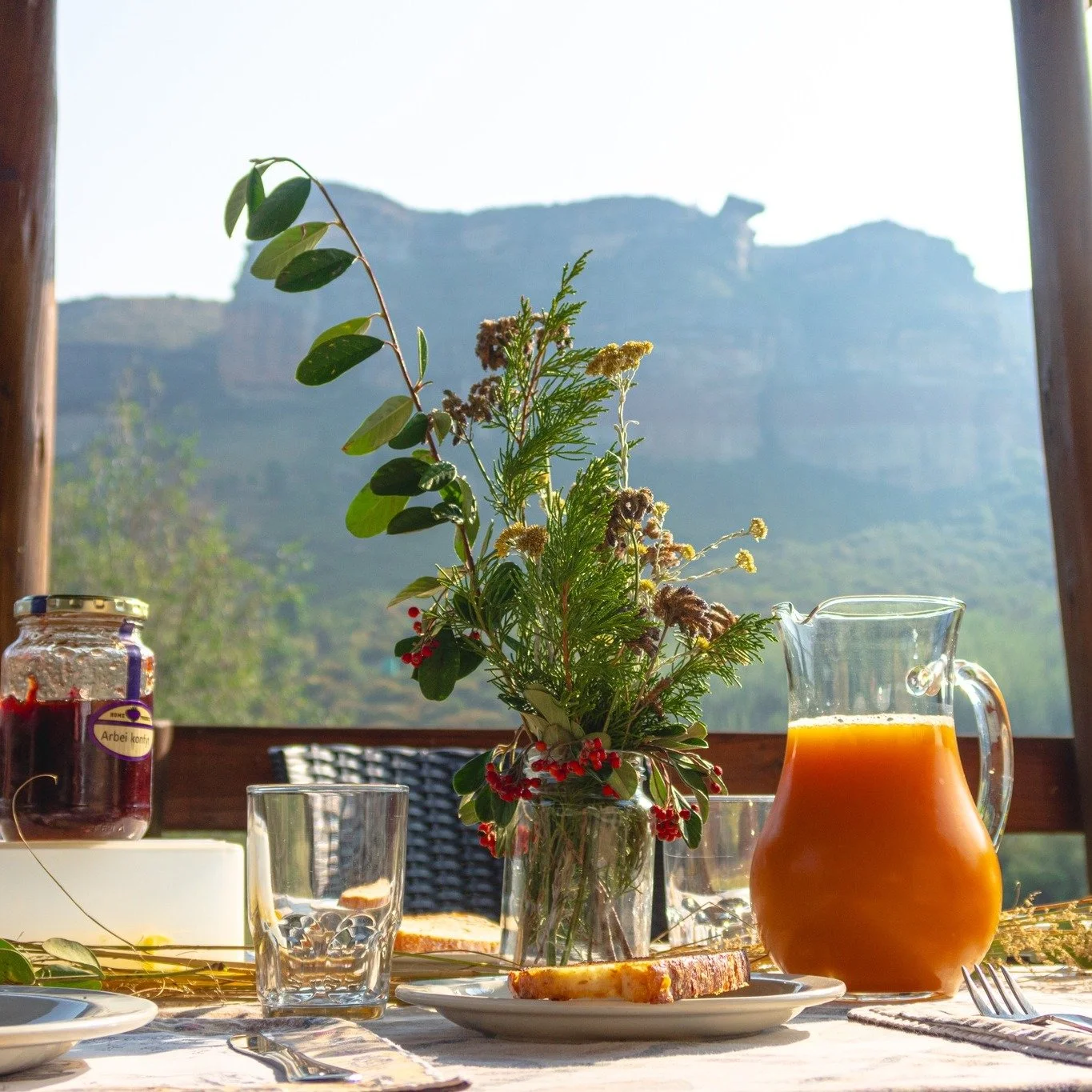 Breakfast in the fresh mountain air, surrounded by the stunning views of Camelroc Guest Farm 🌄 There&rsquo;s no better way to start a chalet holiday weekend! Good food, great scenery, and pure relaxation. 🥐🍊🌿 #CamelrocGuestFarm #WeekendVibes #Bre