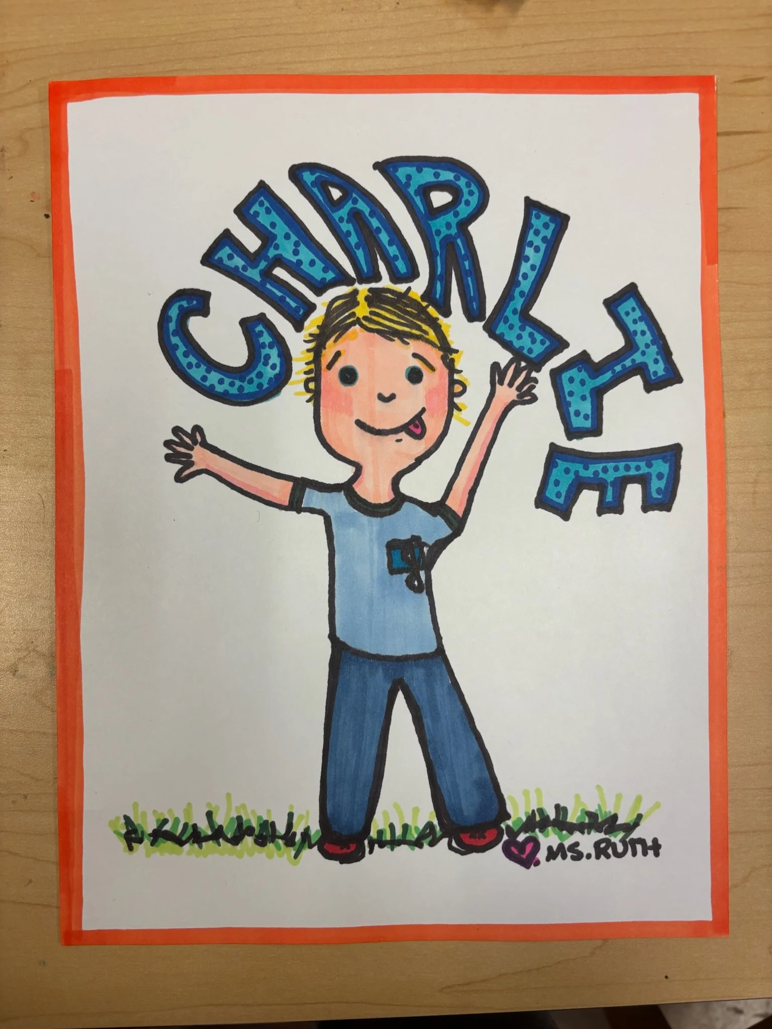 A colorful drawing of a smiling boy with blonde hair, wearing a light blue T-shirt and dark blue pants, standing on grass with arms wide open, surrounded by the word "CHILD" written in large blue letters with dotted patterns.
