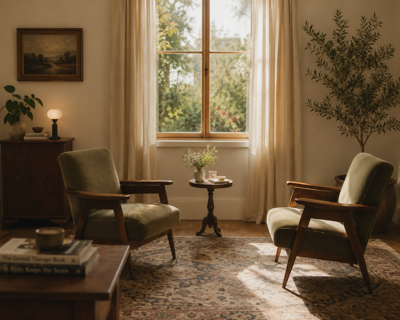 Vintage-inspired couples intensive therapy space with two armchairs facing each other beside a sunlit window in a warm, calming room designed for emotional connection and relational healing.