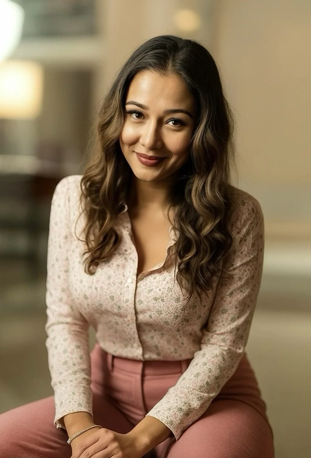 Woman with long brown hair smiling in a softly lit room — conveying warmth, trust, and safety in a therapeutic setting.