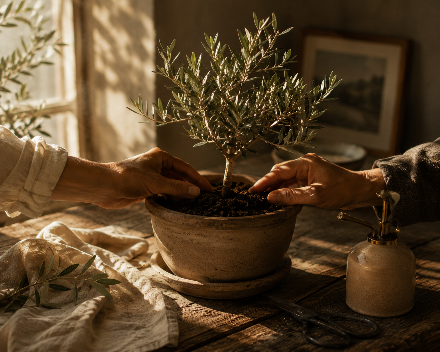 Couple planting an olive tree together as a symbol of growth, connection, and healthy relationships.