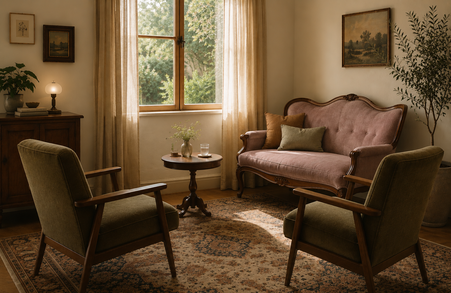 Elegant sitting room with soft natural light, blush velvet seating, and a calm intimate atmosphere designed for rest, reflection, and meaningful connection.