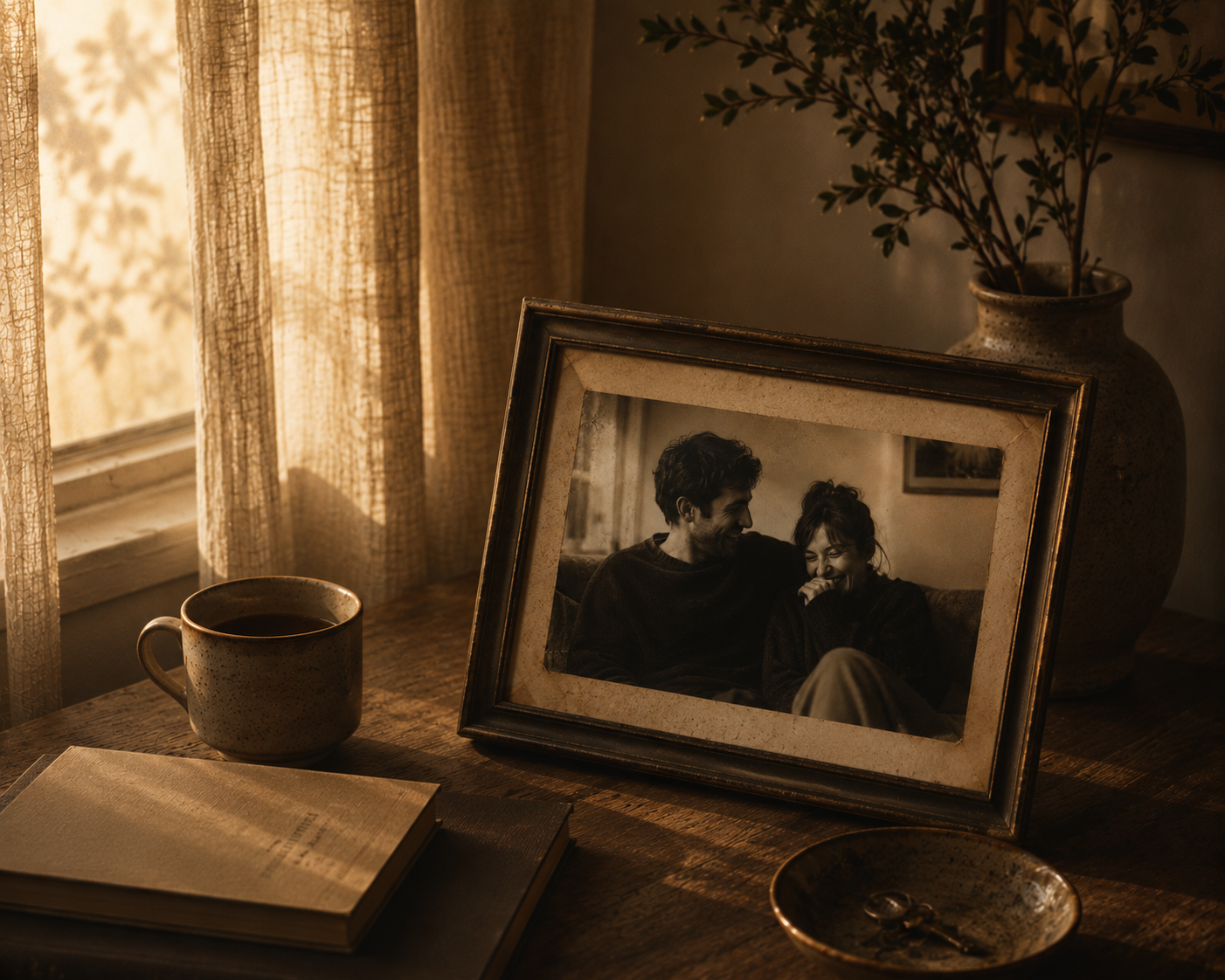 A couple sitting quietly together on a couch in soft natural light, reflecting emotional distance, contemplation, and relational tension.