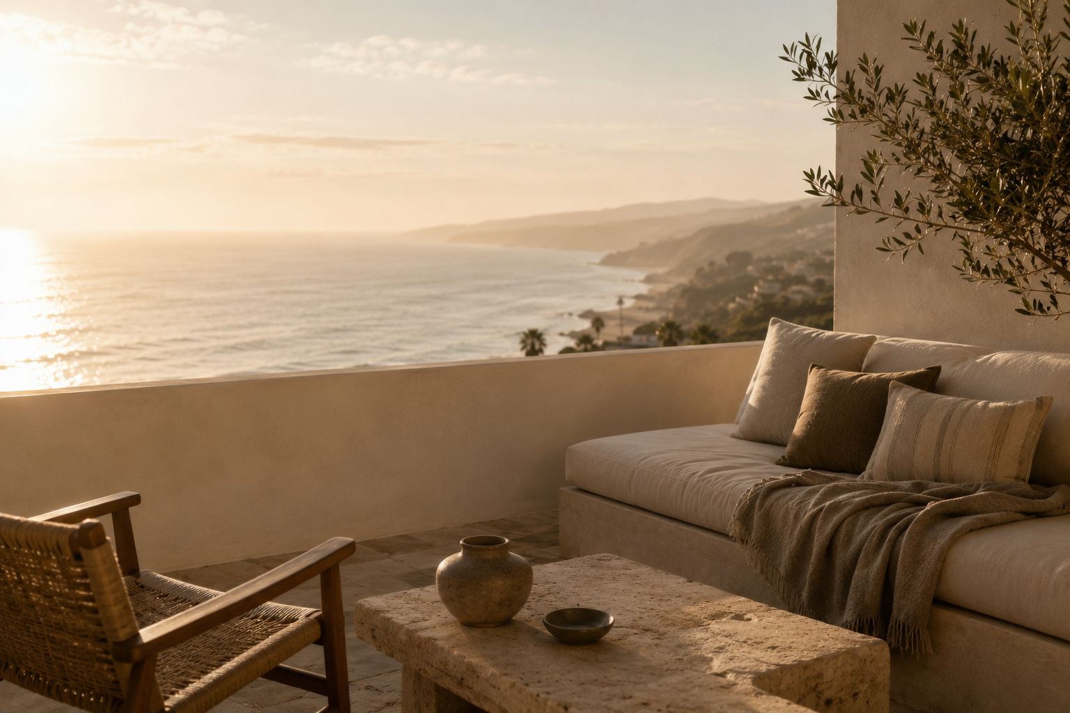 Private outdoor lounge overlooking the ocean at sunset, creating a peaceful and restorative setting for couples retreats and wellness experiences.