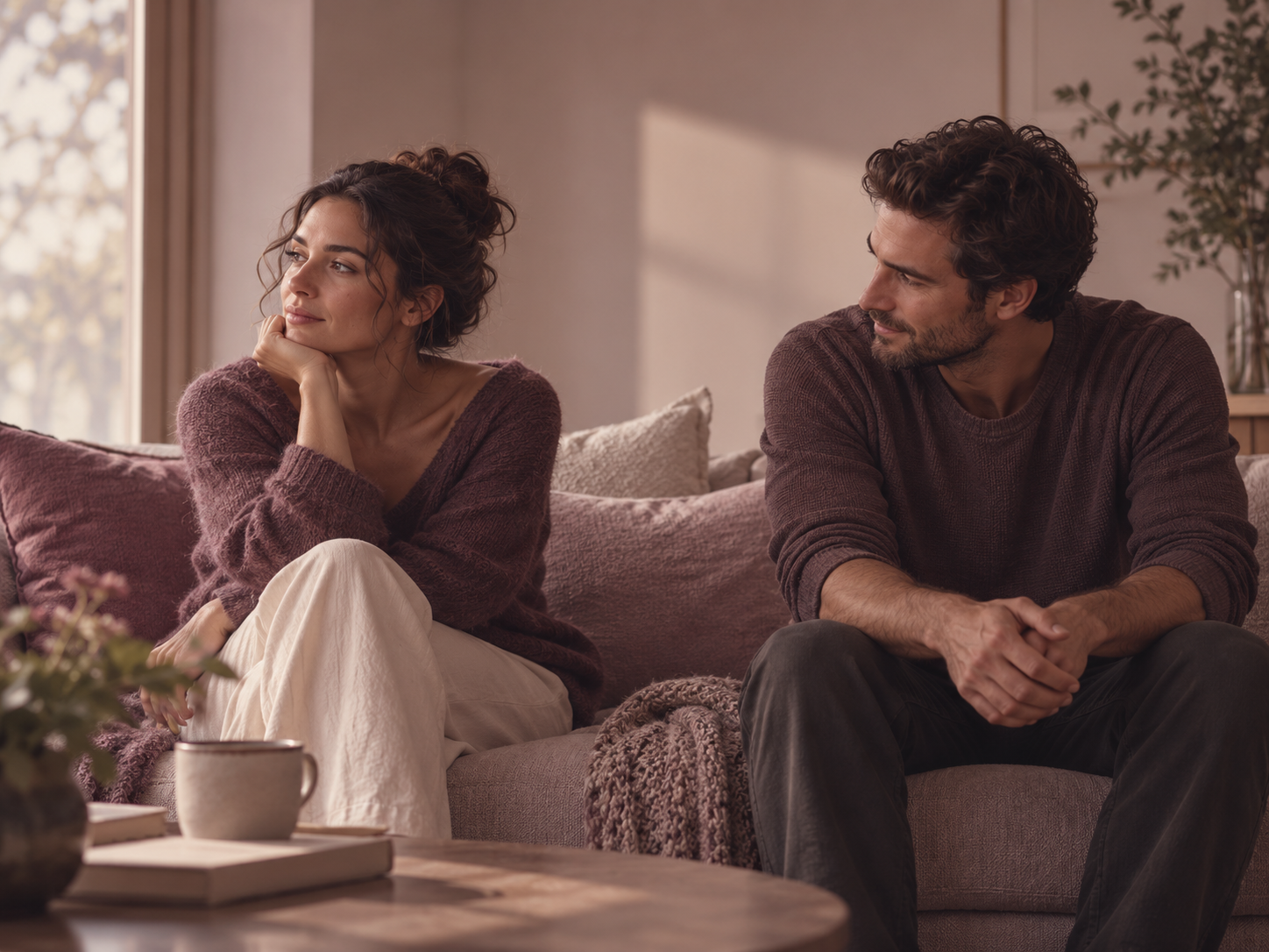 Couple sitting apart on a sofa, one looking away thoughtfully while the other turns toward her with a gentle, attentive expression.
