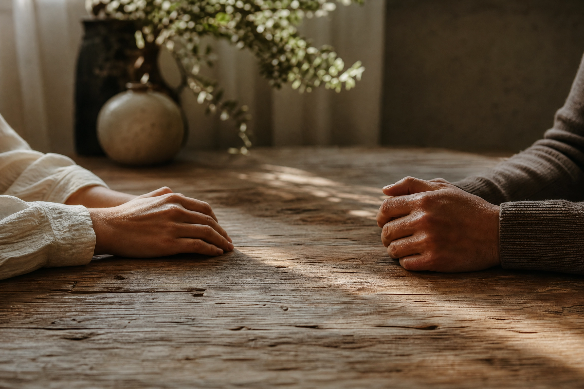 "An intimate close-up of two hands on a rustic wooden table, representing the emotional distance and tension caused by defensiveness in relationship communication. A lifestyle detail shot for Therapy with Isabella."