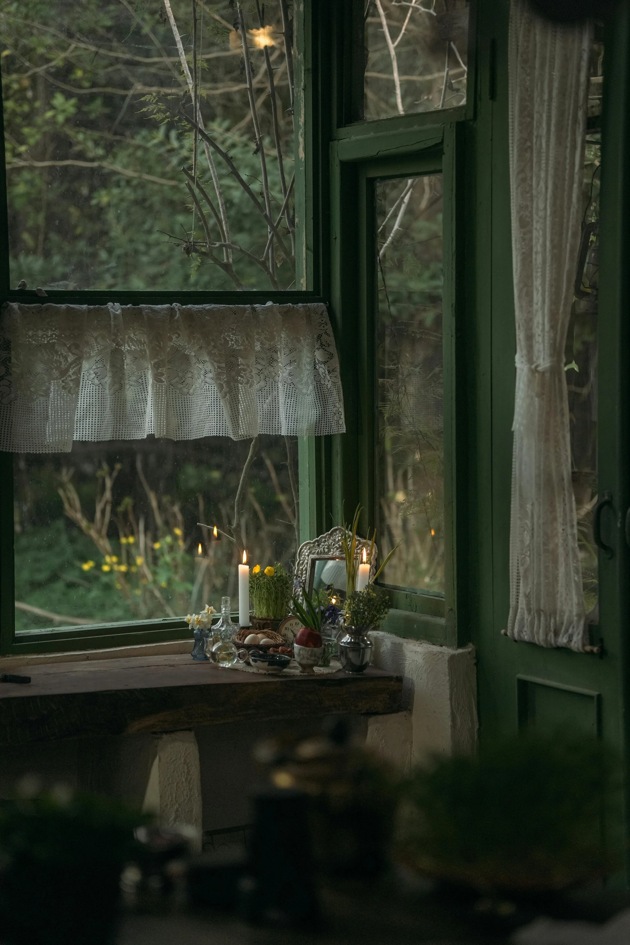 A rustic window sill with flowers and soft natural light, overlooking a garden.
