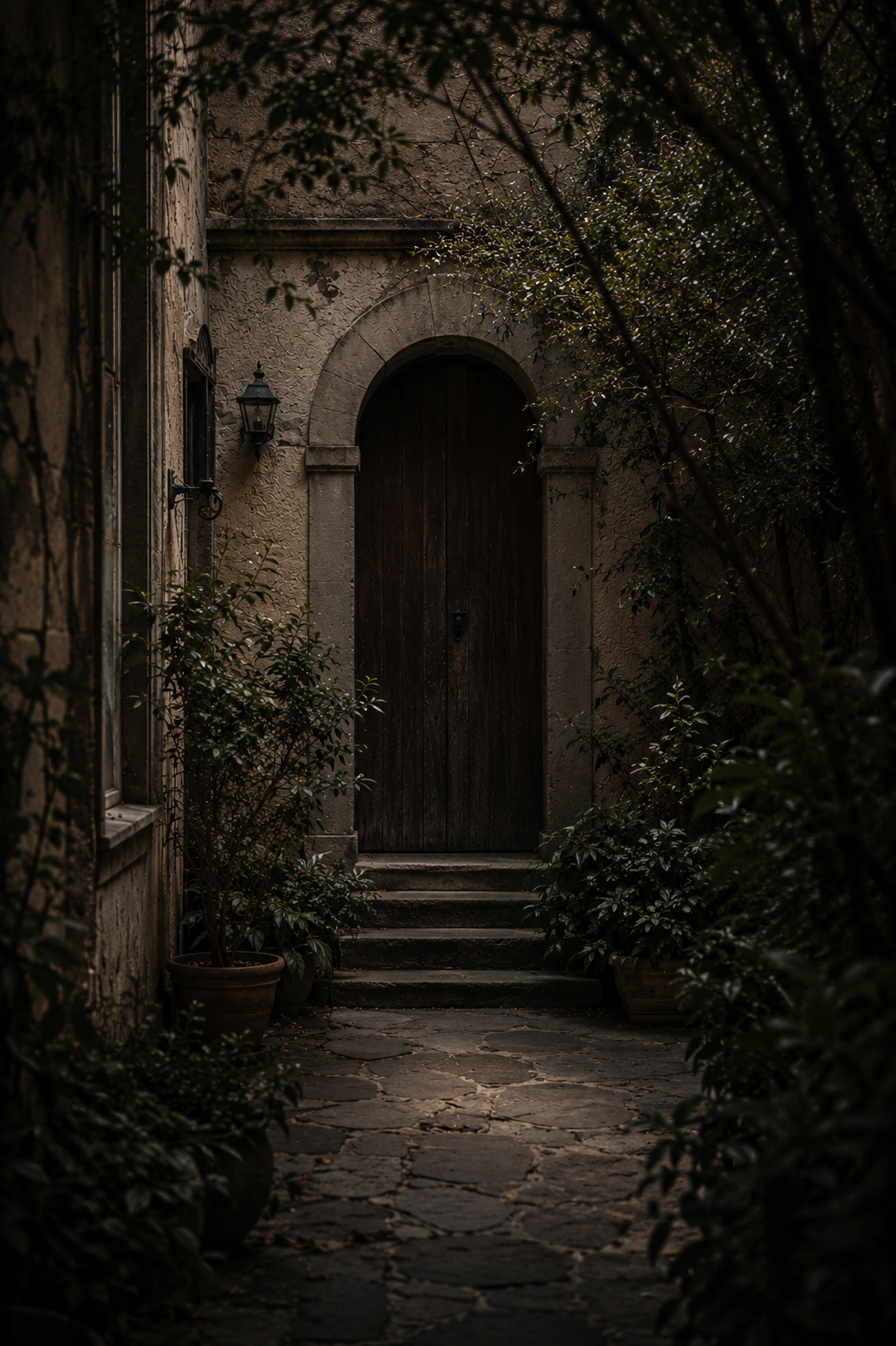 Moody courtyard pathway leading to a closed wooden door surrounded by shadows and greenery, symbolizing emotional protection and guarded vulnerability.