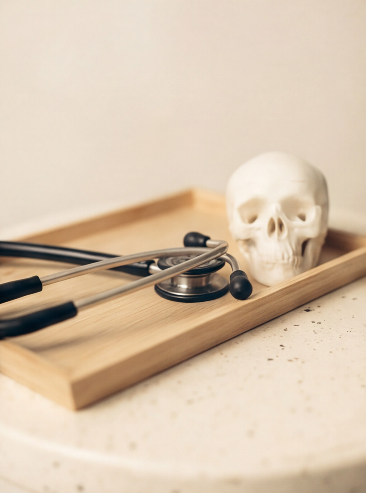 A wooden tray holding a stethoscope and a small white skull model on a light-colored surface.