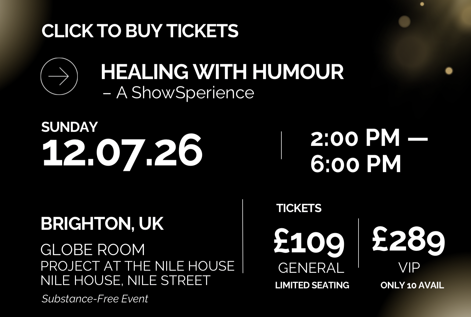 'Healing with Humor' at the Globe Room in Brighton, UK. The event is on Sunday, December 7, 2026, from 2:00 PM to 6:00 PM.