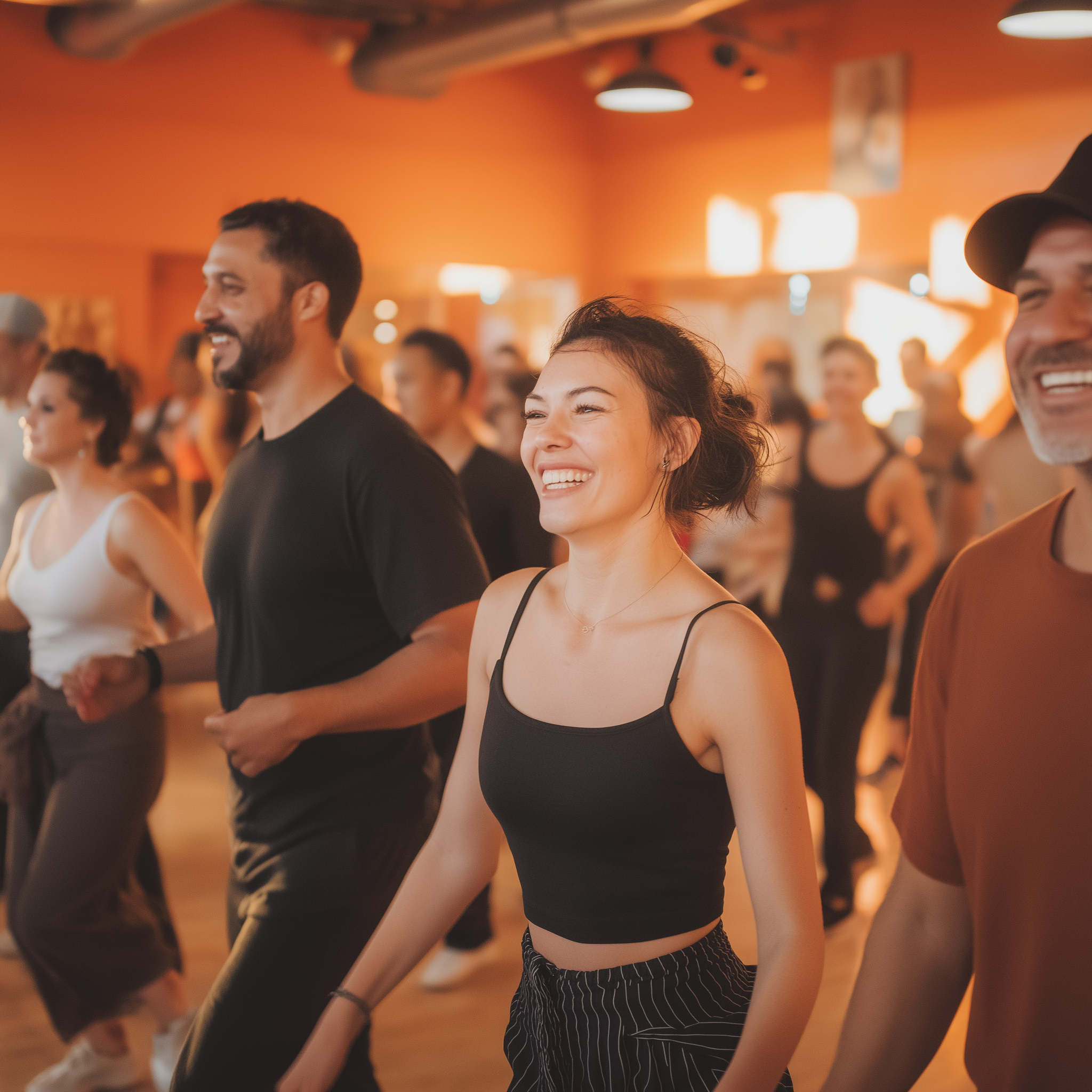 Salsa dance class in a sunlit studio with smiling participants dancing in sync, surrounded by golden-orange walls. group salsa and bachata  class miami #Salsagroupclassmiami #bachatagroupclassmiami