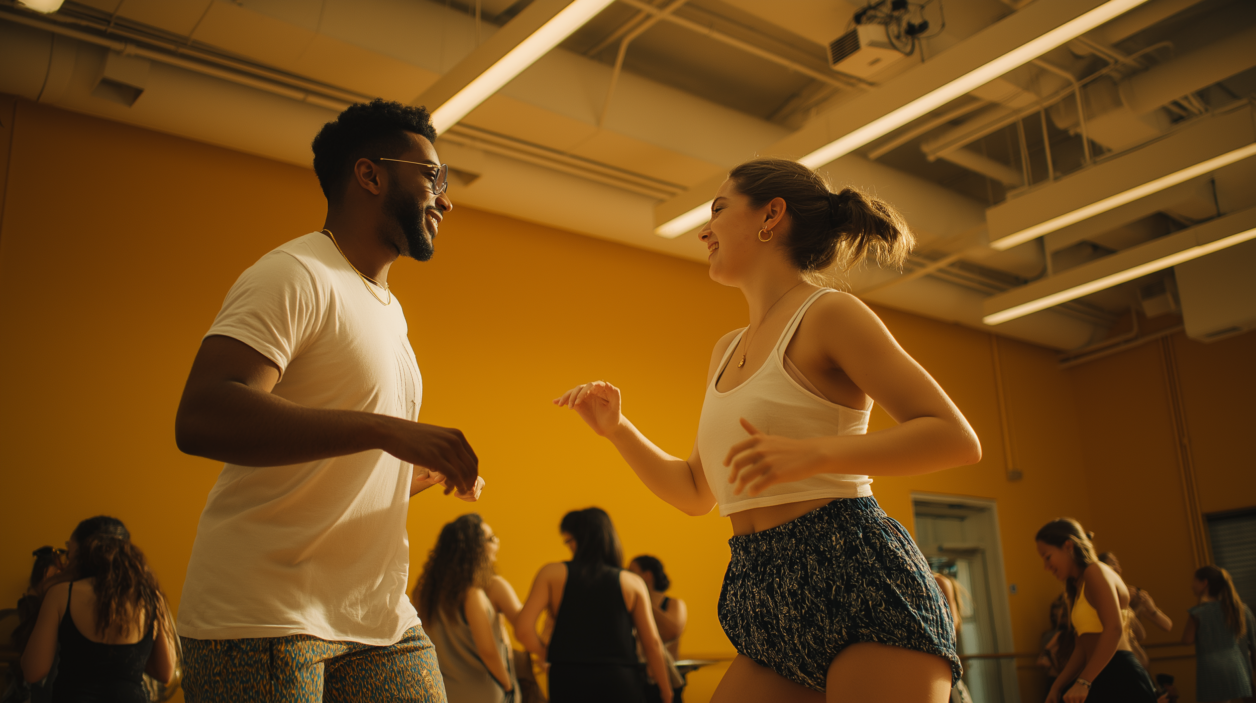 Two people laughing and dancing together during a casual salsa class in Miami #salsamiamiclass