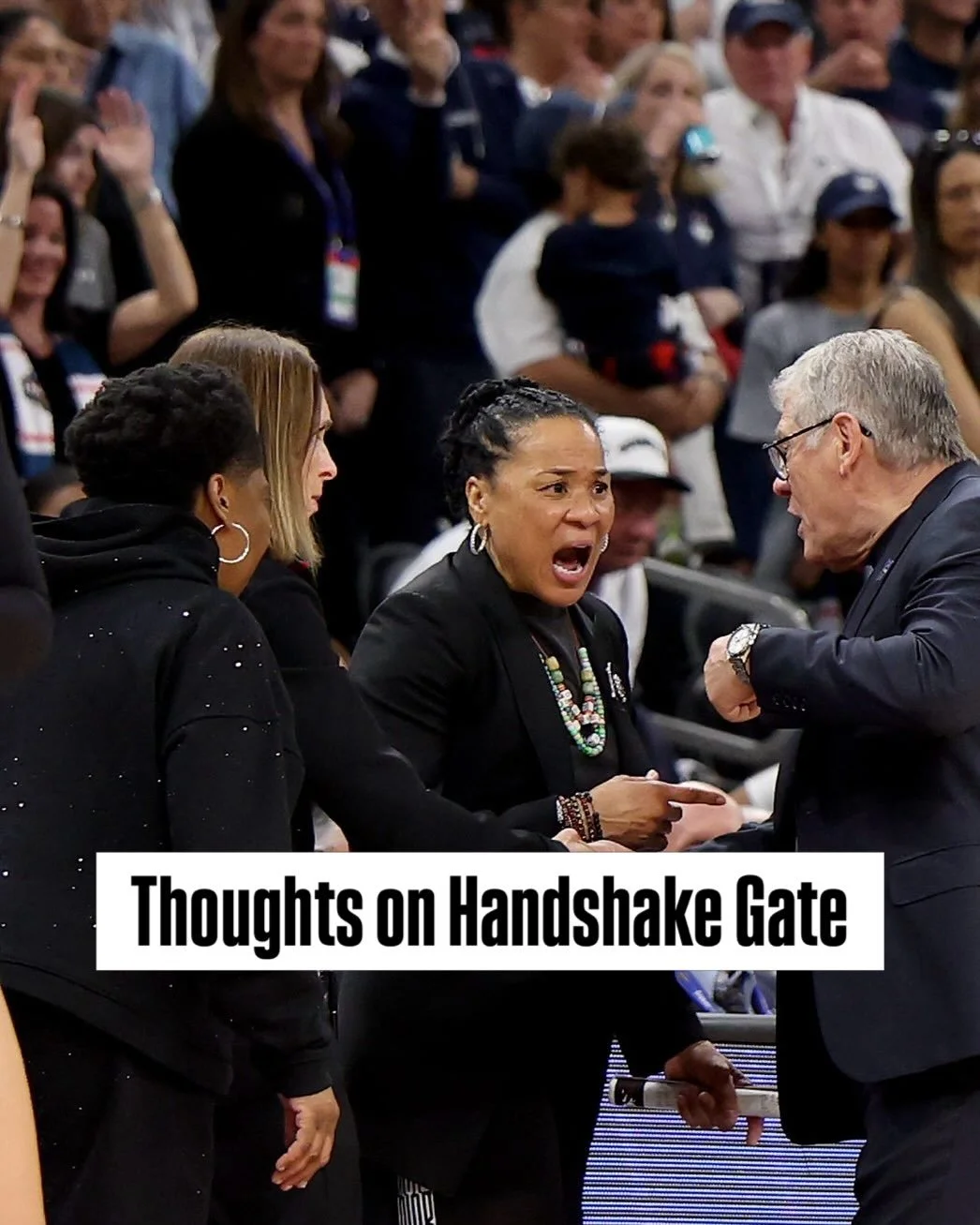 The internet is having a heyday with #handshakegate, and @lisaleslie (among others) wants Geno to apologize.

Dr. Lindsay Darvin from @sufalkcollege wrote an article for @forbes that summed up perfectly why the events in the last few seconds of UCONN