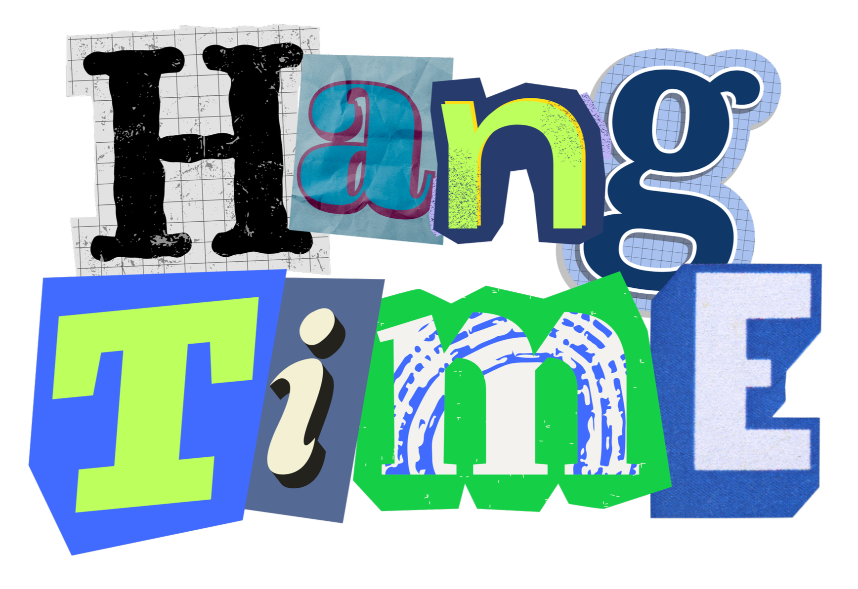 Colorful collage of cut-out letters spelling 'Hang it in' with various textures and backgrounds.