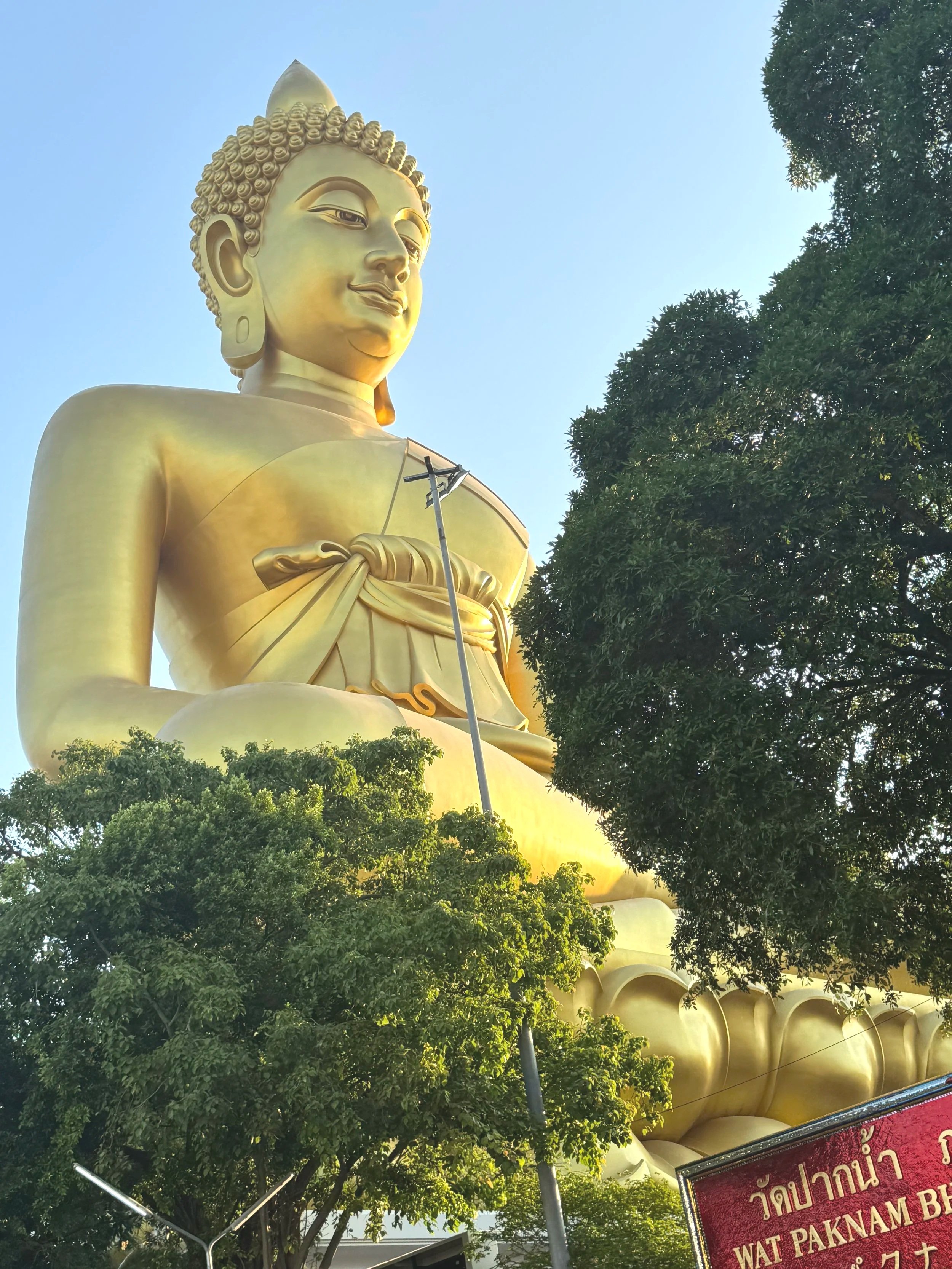 Large golden Buddha statue surrounded by trees with a clear blue sky in the background.