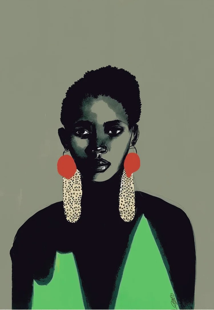 Ngozi, portrait of a woman with close-cropped hair and red and gold earrings on a grey-green ground