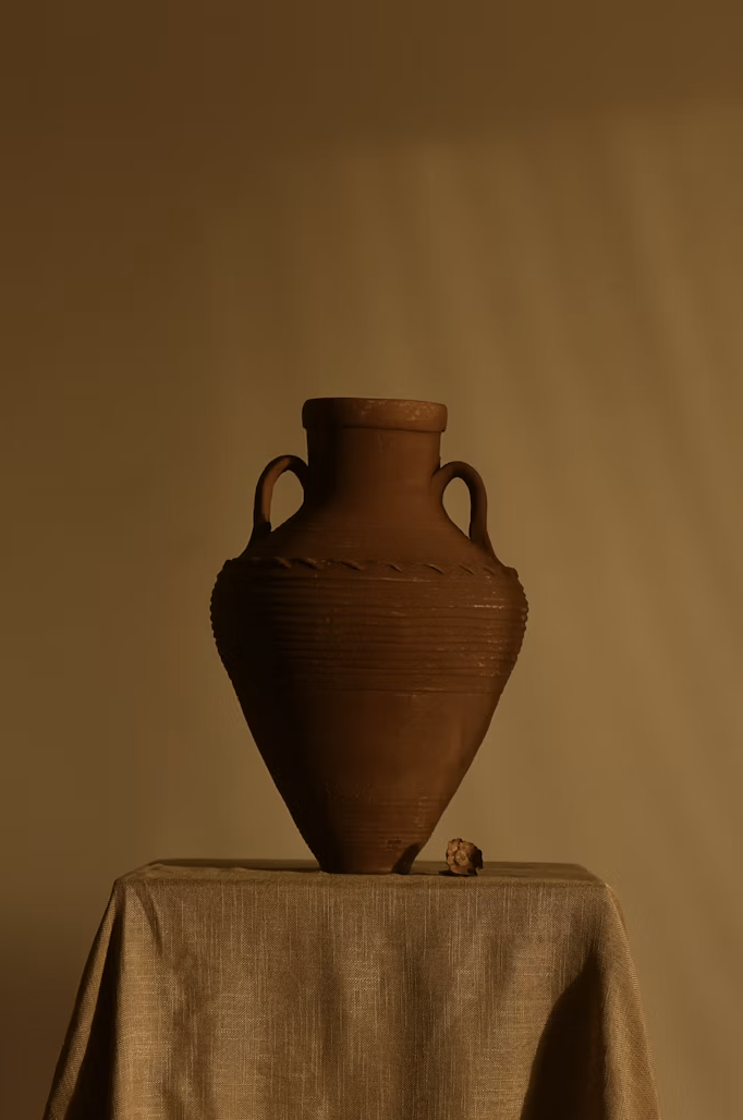 Terracotta amphora on linen