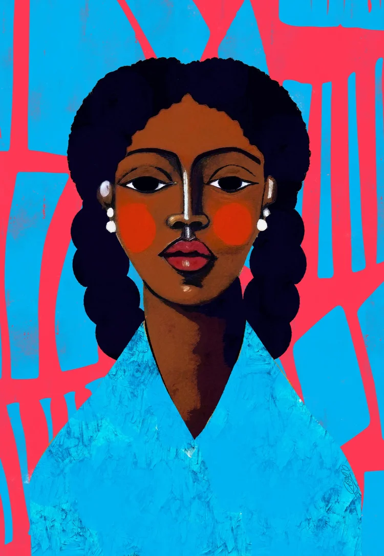 Moriah, portrait of a woman with braids and pearl earrings on a red and blue ground
