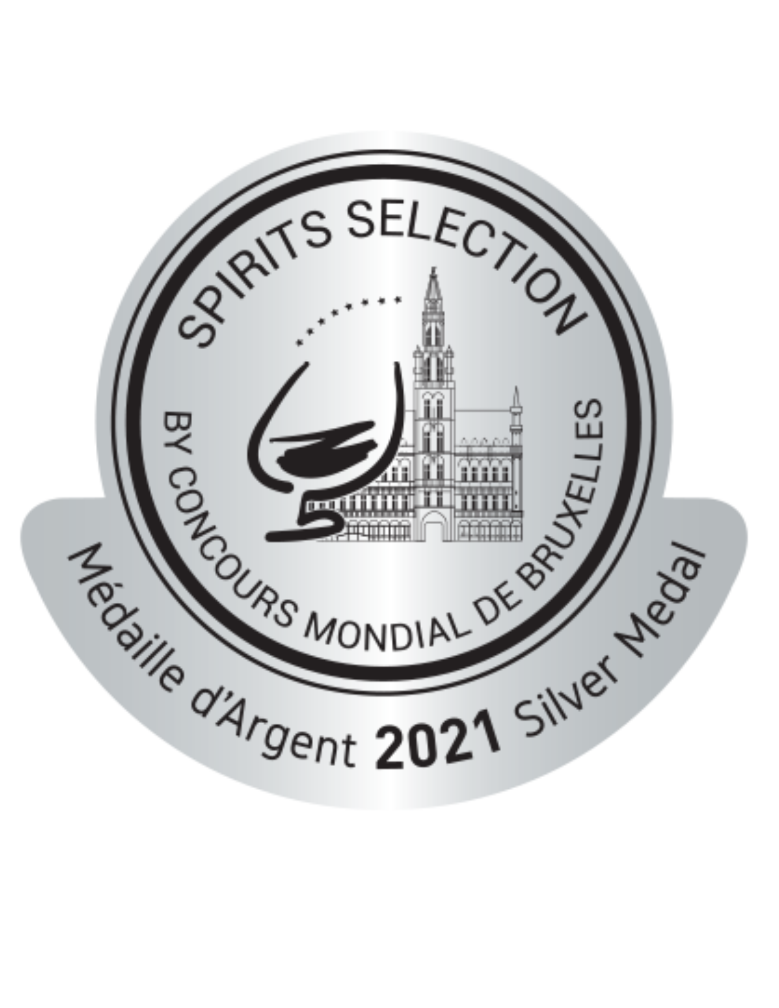Silver medal with engraving of a building, a wine glass with a swirl, and the text 'Spirits Selection 2021 by Concours Mondial de Bruxelles, Médaille d'Argent, Silver Medal'.