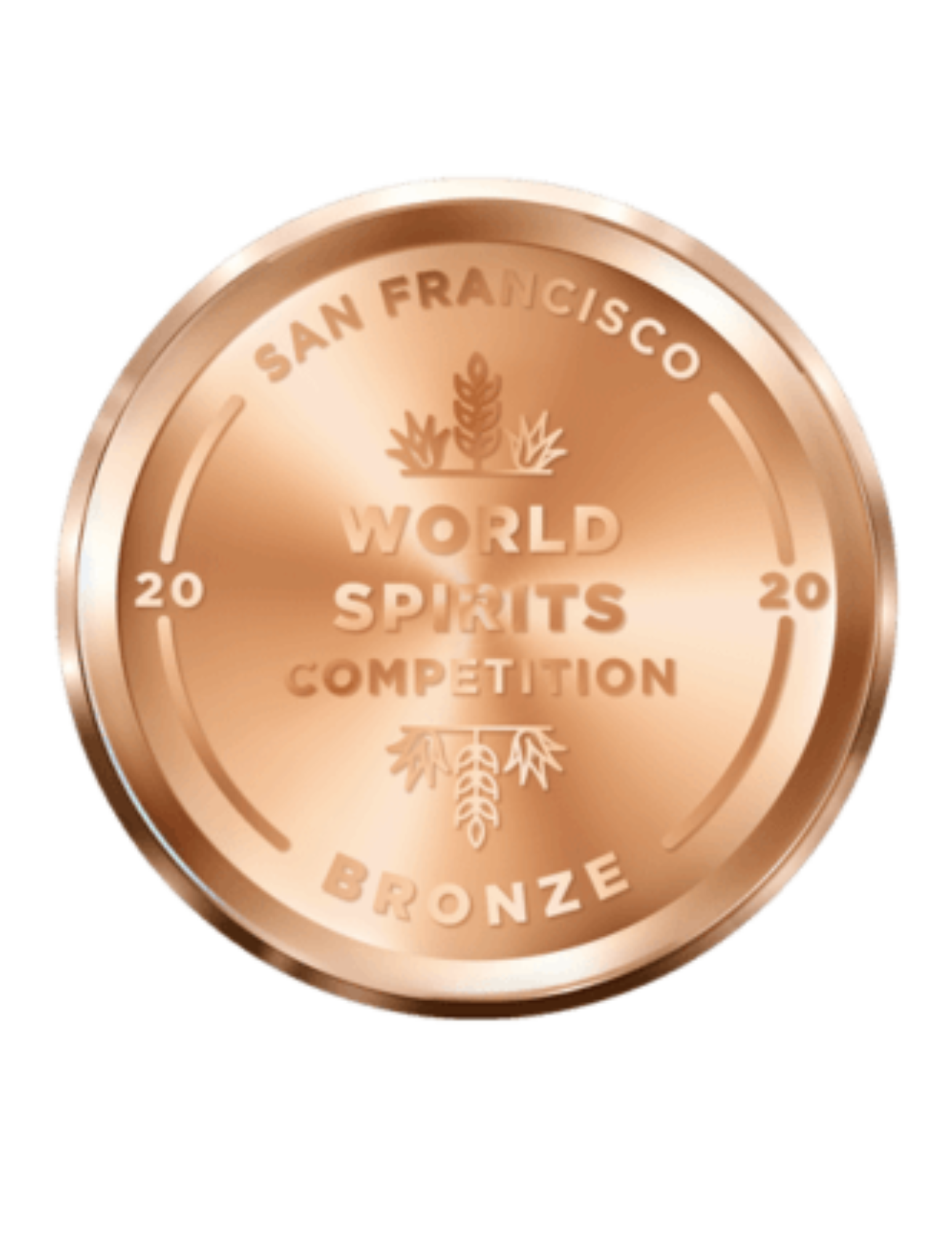 Bronze medal from the World Spirits Competition in San Francisco with the words 'World Spirits Competition', 'San Francisco', and the year 2020, decorated with wheat and barley symbols.