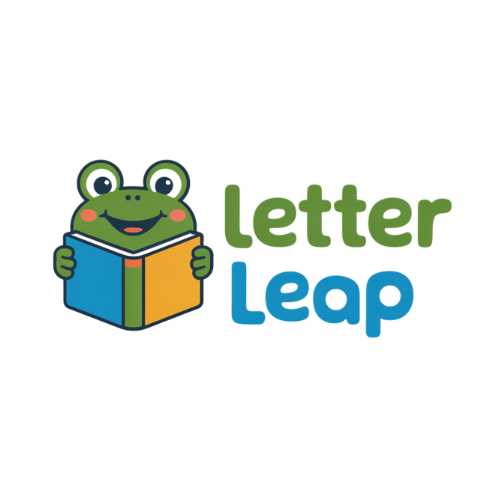 A cartoon frog holding a book, with the text 'Letter Leap' next to it, featuring colorful and playful design elements.
