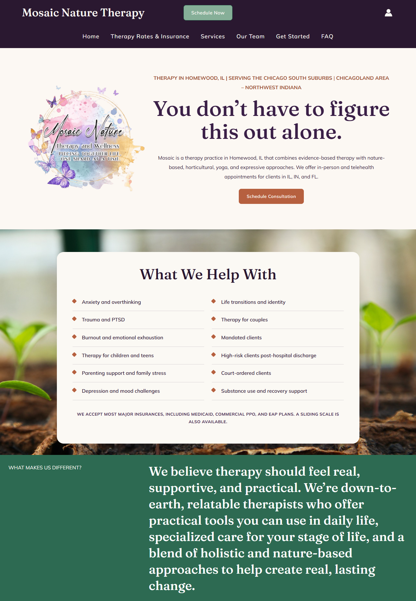 Screenshot of Mosaic Nature Therapy website homepage with a logo featuring butterflies and a watercolor splash, a menu bar, phone and account icons, and sections describing therapy services and values.