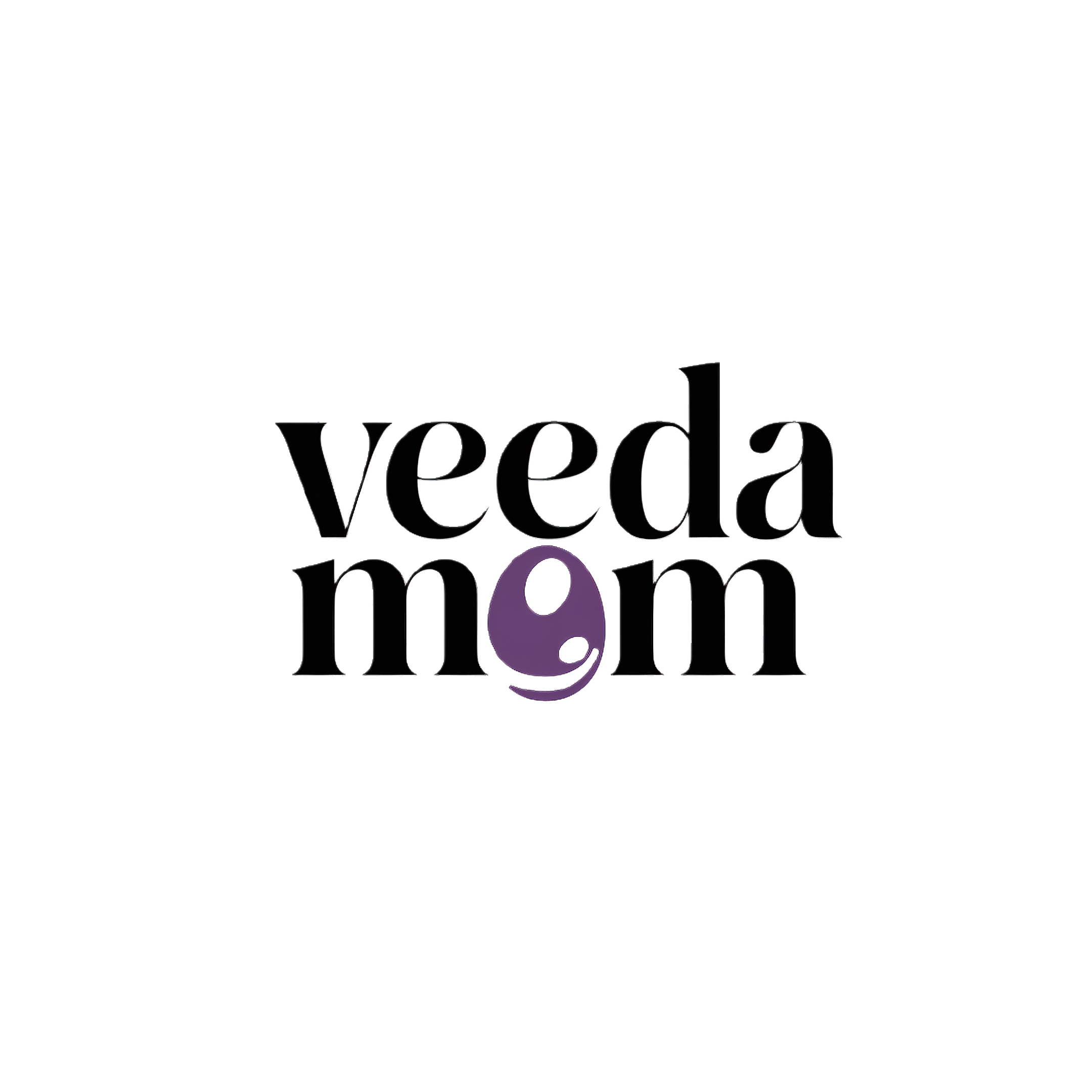 Logo with the text 'veeda mom' in black and purple letters on a white background.