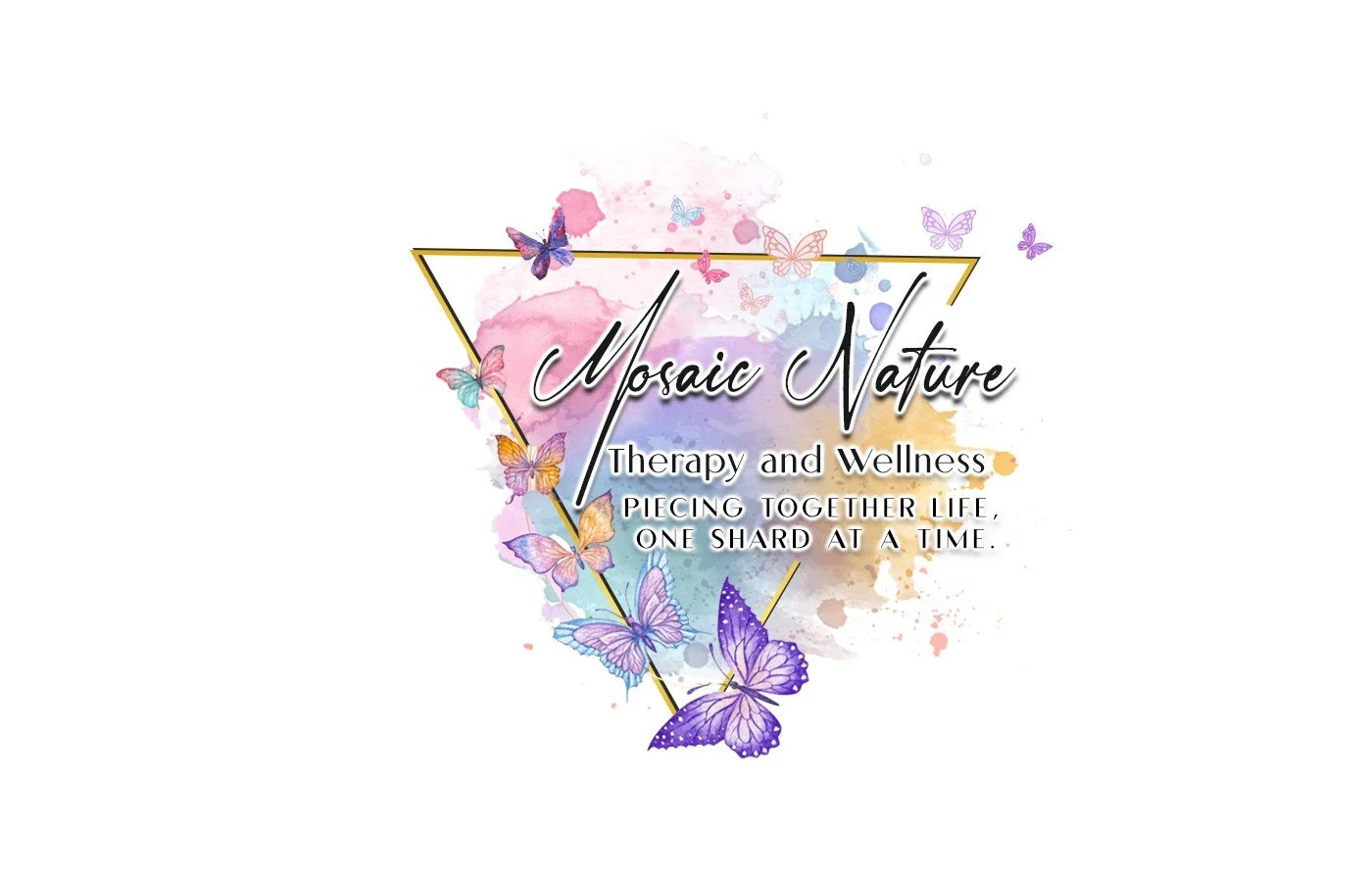 Logo for Mosaic Nature Therapy and Wellness featuring a watercolor background with butterflies and geometric design, with text promoting piecing life together one shard at a time.