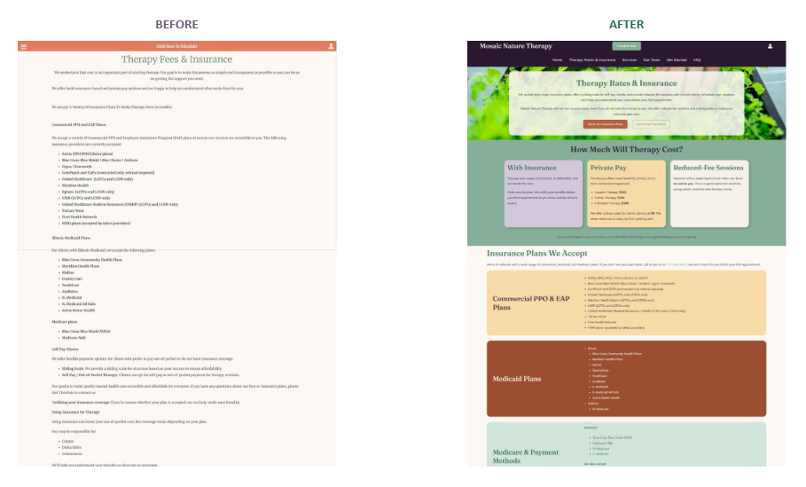 Comparison of a therapy fees and insurance document before and after reformatting, showing improved layout, colors, and organization for therapy rates, insurance plans, and payment methods.