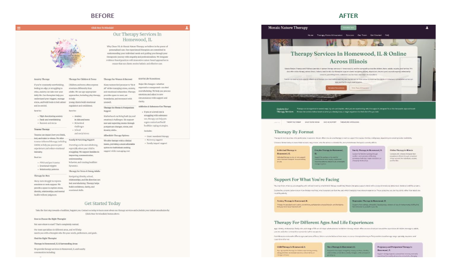Comparison of two webpage screenshots showing therapy services. The 'Before' version is plain with text, and the 'After' version is a colorful, structured website layout with images and navigation menu.
