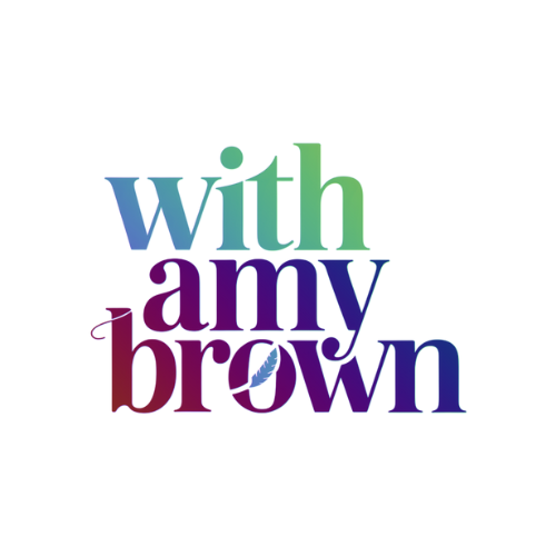 Colorful text saying "with amy brown" in a stylized font on a black background.