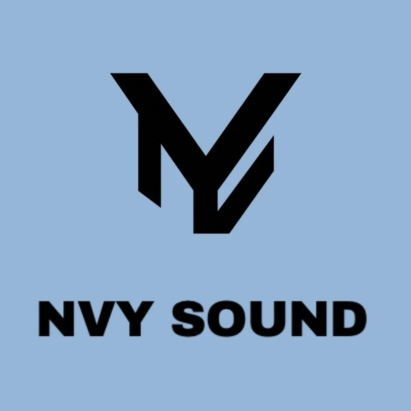 Logo featuring a stylized black letter 'V' with the words 'NVY SOUND' underneath on a light blue background.