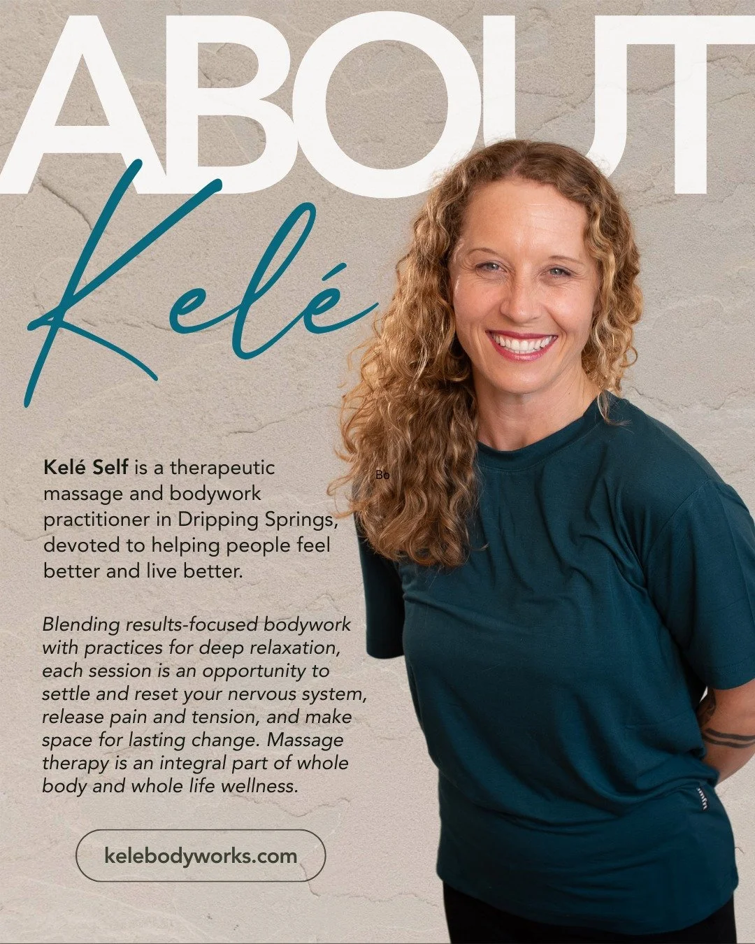 Hi there! I'm Kel&eacute; from Kel&eacute; Bodyworks,  welcome to my practice. Accepting new clients in Dripping Springs, Texas. 
For questions and booking: hello@kelebodyworks.com