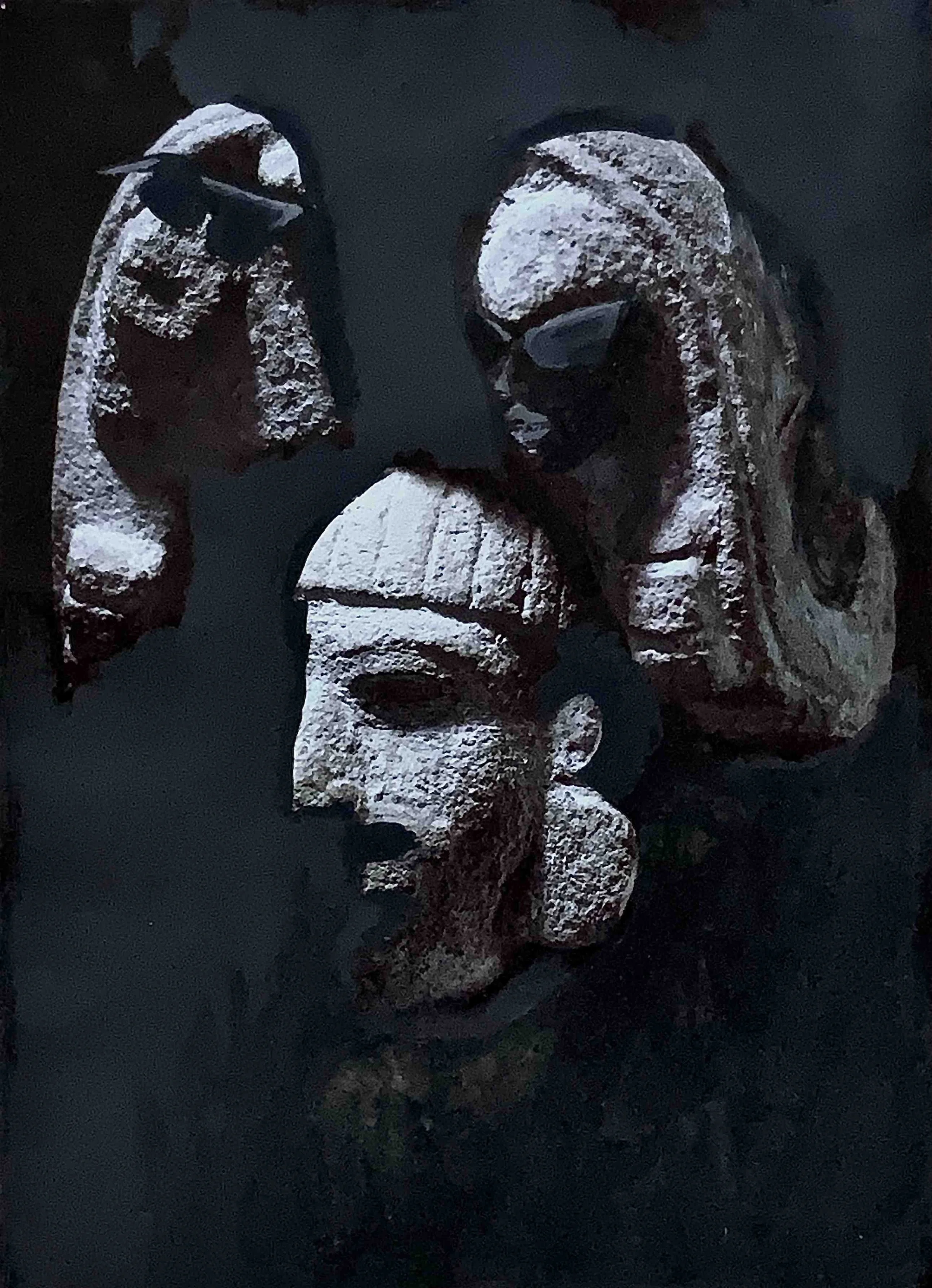 Ray Ban by Martin Lytke, acrylic overpainting on a printed book page showing three sculptural stone heads emerging from dark painterly interventions.