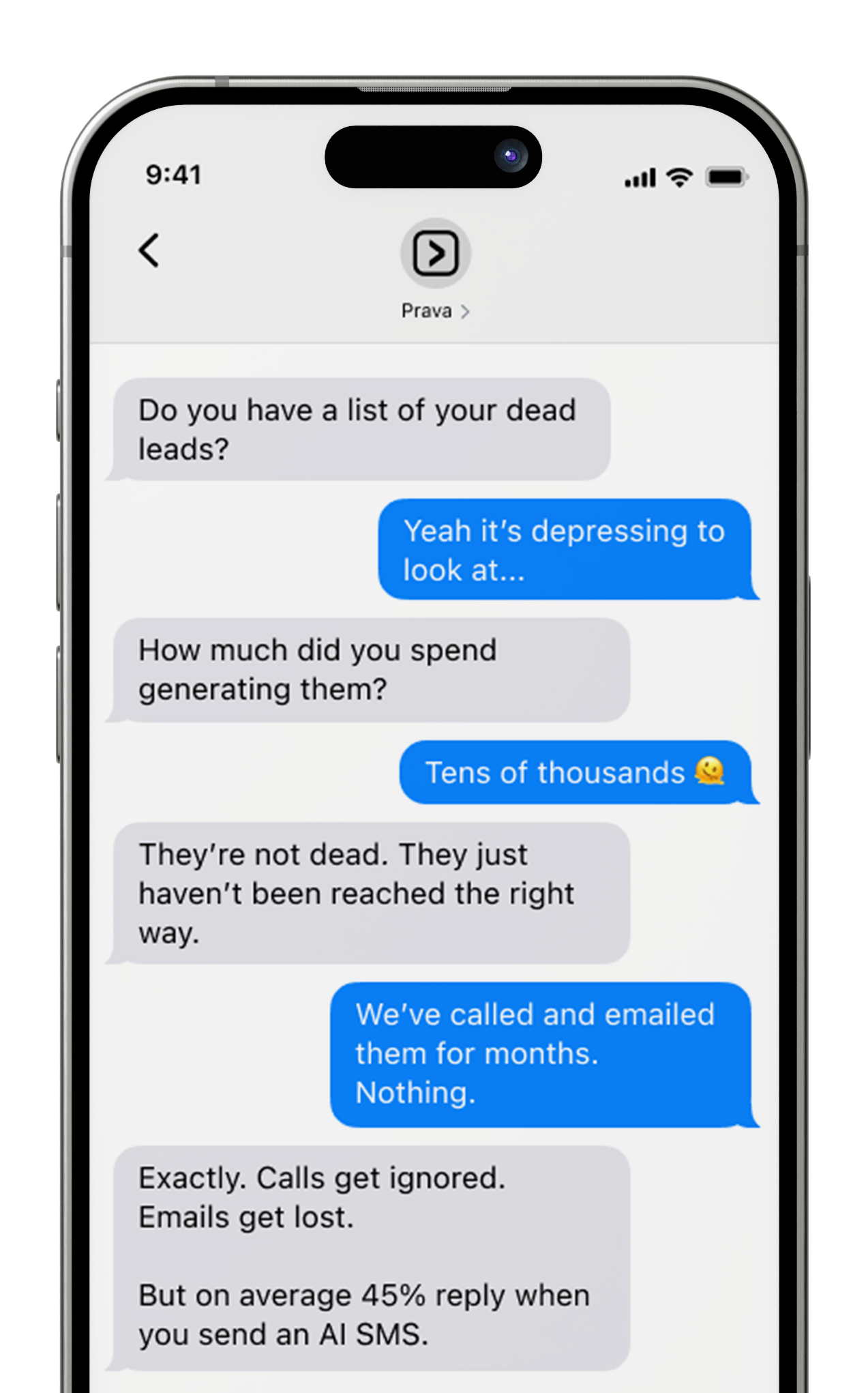 A smartphone screen displaying a text conversation about dead leads and sales efforts, with gray and blue speech bubbles.
