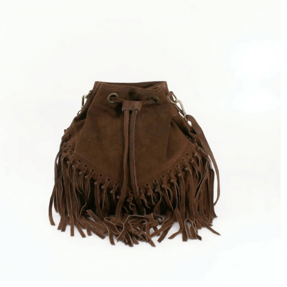 Suede Fringed Bucket Bag - Brown