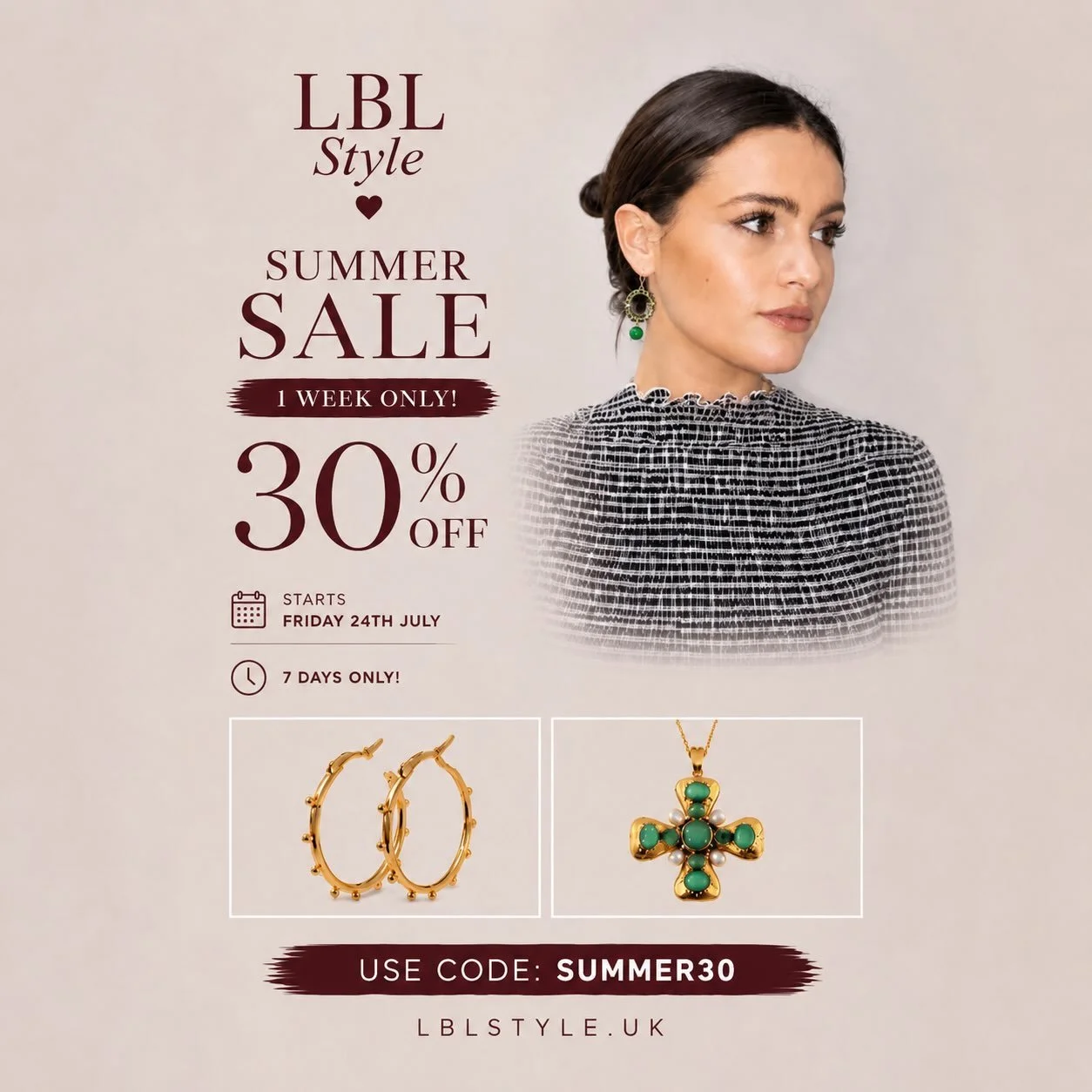 ☀️ Our Summer Sale has arrived. ☀️
30% OFF for 1 week only ✨

Treat yourself to those pieces you&rsquo;ve been eyeing&hellip; before they&rsquo;re gone. 🤍

Use code SUMMER30 at checkout.
Offer ends in 7 days.

Tag someone who needs to know. 👇 #LBLS