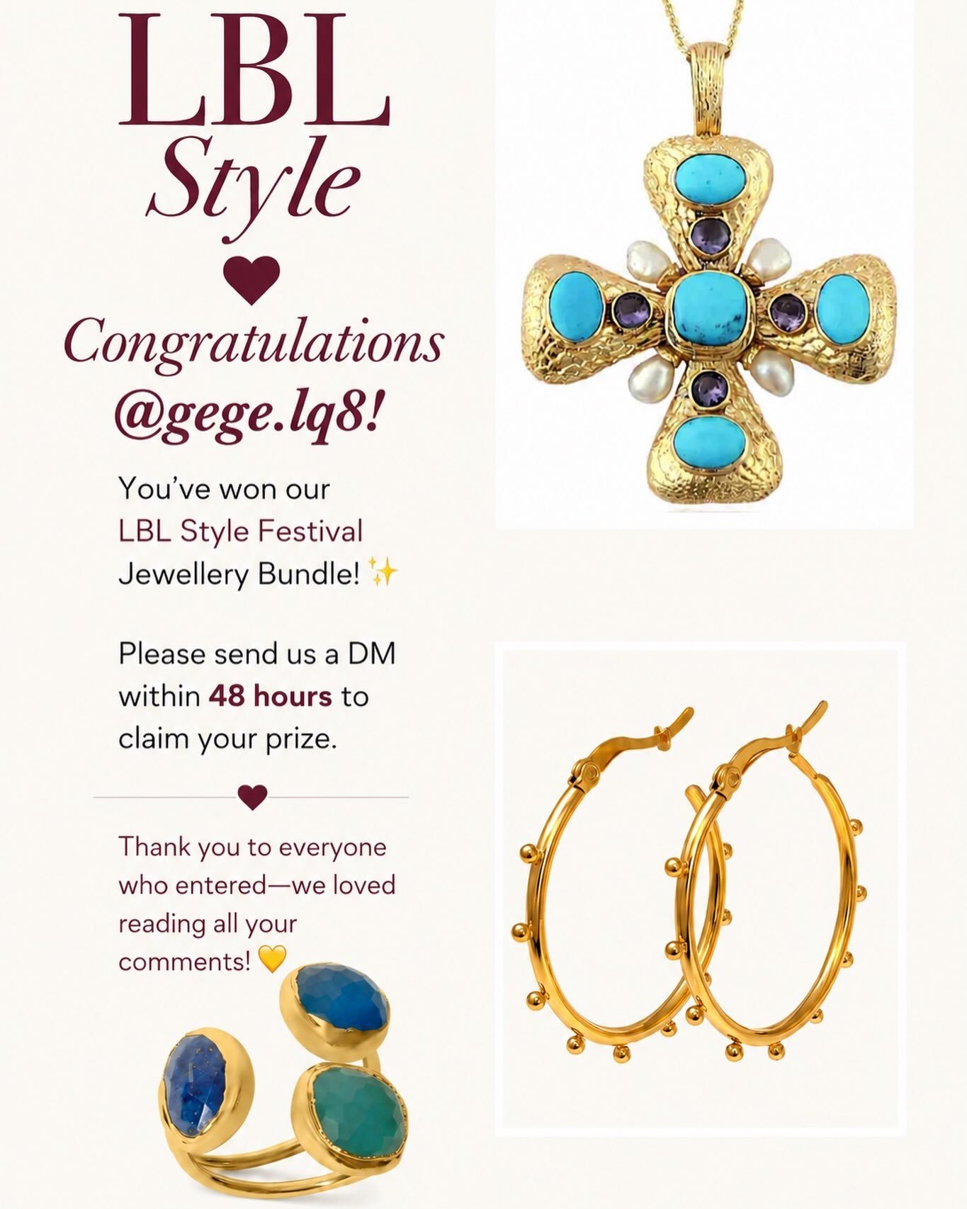 Congratulations @gege.lq8! 🎉
You&rsquo;ve won our LBL Style Festival Jewellery Bundle! ✨ Please send us a DM within 48 hours to claim your prize. Thank you to everyone who entered&mdash;we loved reading all your comments! ✨