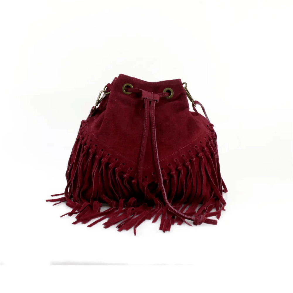Suede Fringed Bucket Bag - Wine