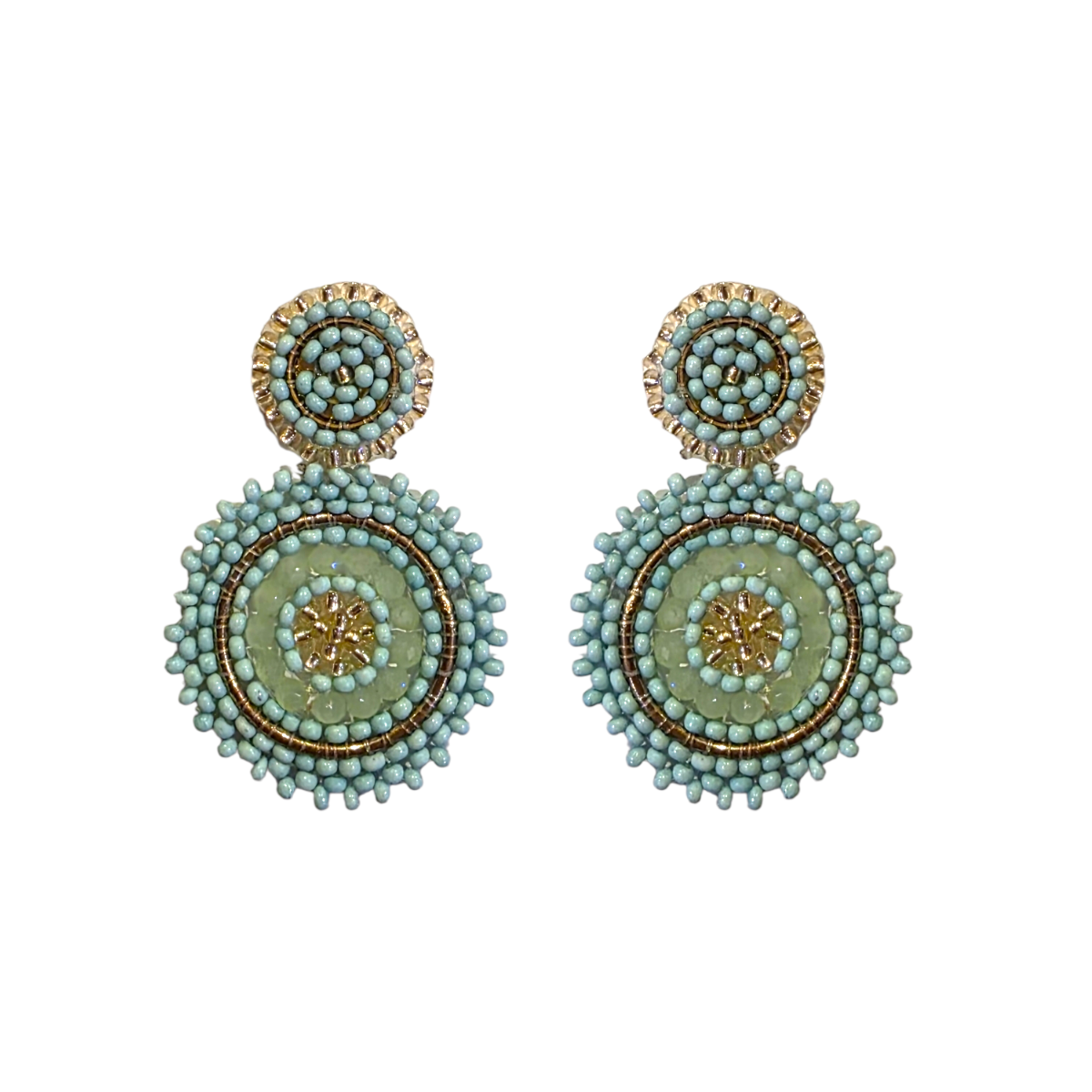 Beaded Circle Drop Earrings - Aqua