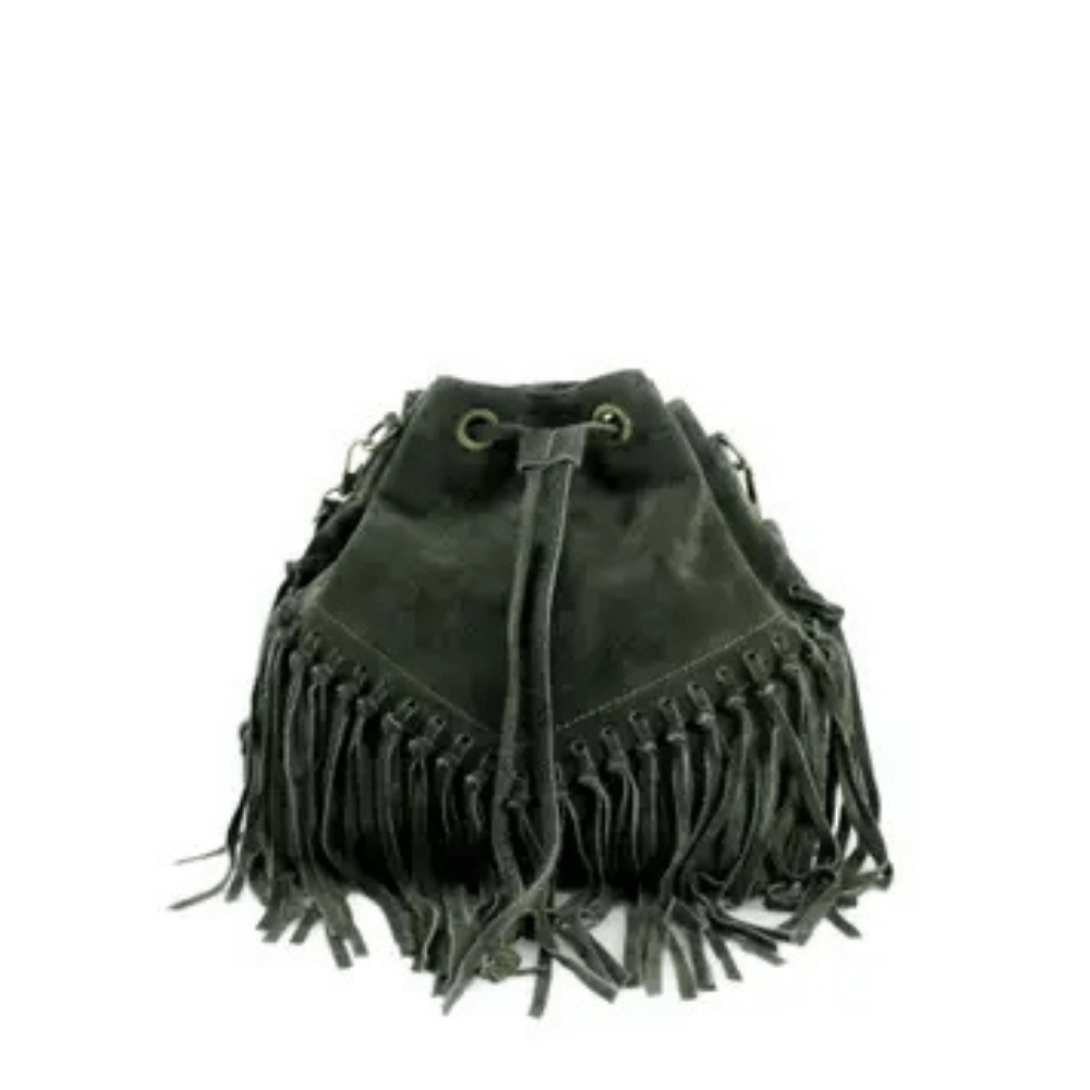 Suede Fringed Bucket Bag - Dark Green