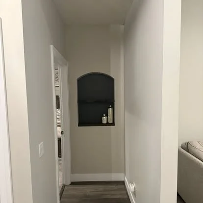 A hallway with light gray walls, a small arched wall niche with bottles inside, and flooring with wood-look planks. Part of a doorway and a glimpse of a living room sofa are visible.